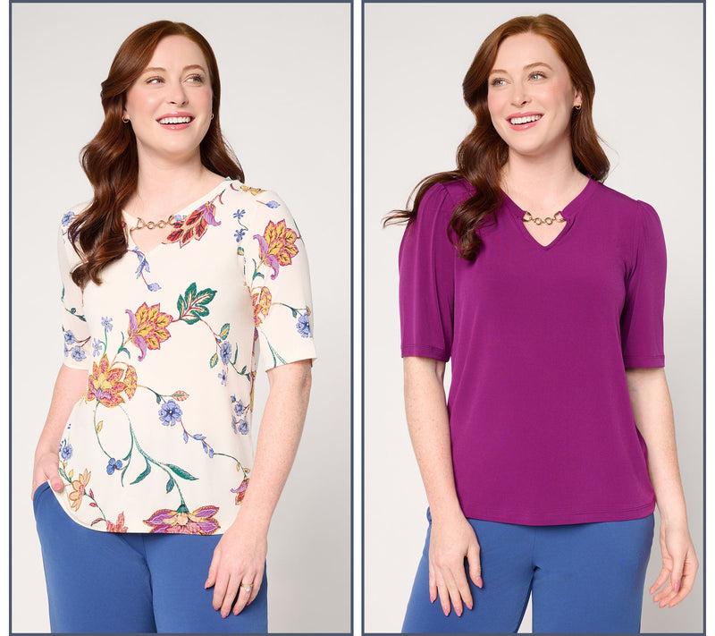 Susan Graver Liquid Knit Print & Solid Set of 2 Tops w/ Keyhole Trim — View 5