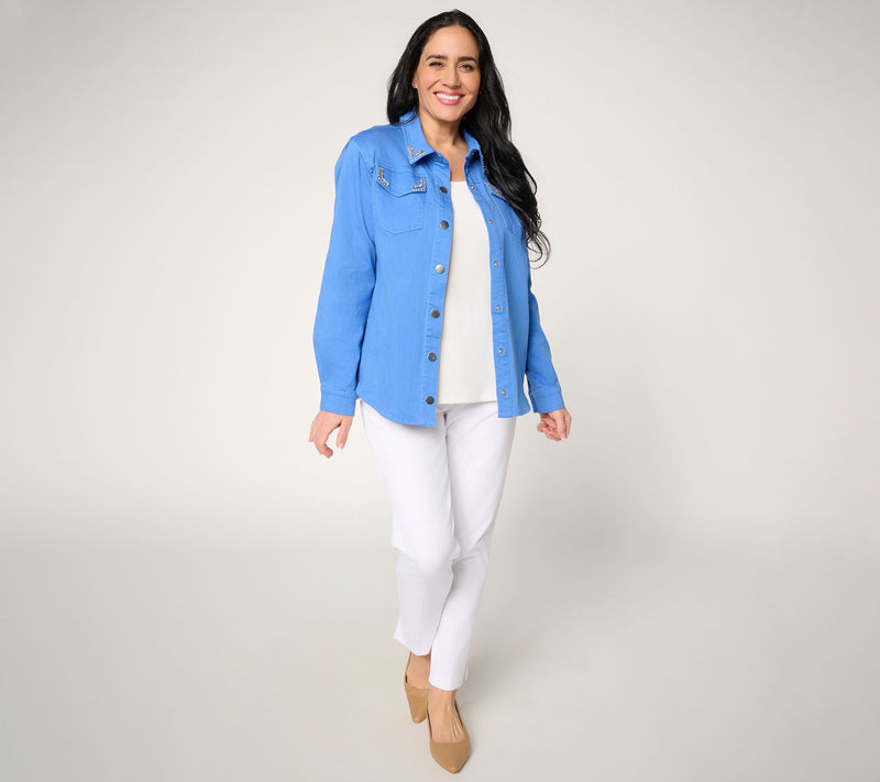 Susan Graver Weekend Garment Washed Stretch Cotton Shacket w/Embellishment — View 5