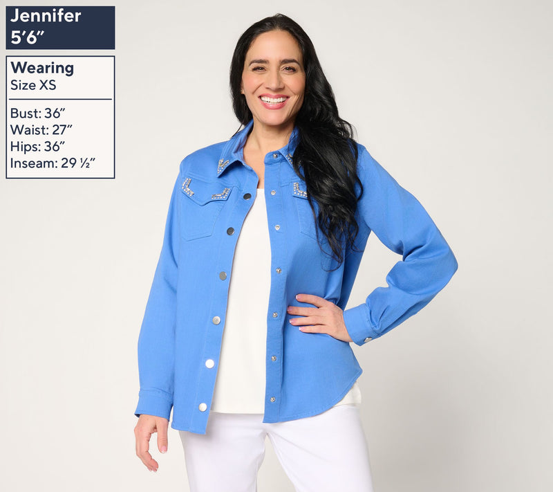 Susan Graver Weekend Garment Washed Stretch Cotton Shacket w/Embellishment — View 3