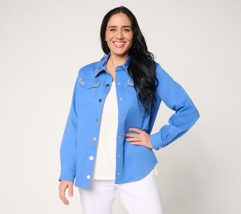 Susan Graver Weekend Garment Washed Stretch Cotton Shacket w/Embellishment — View 12