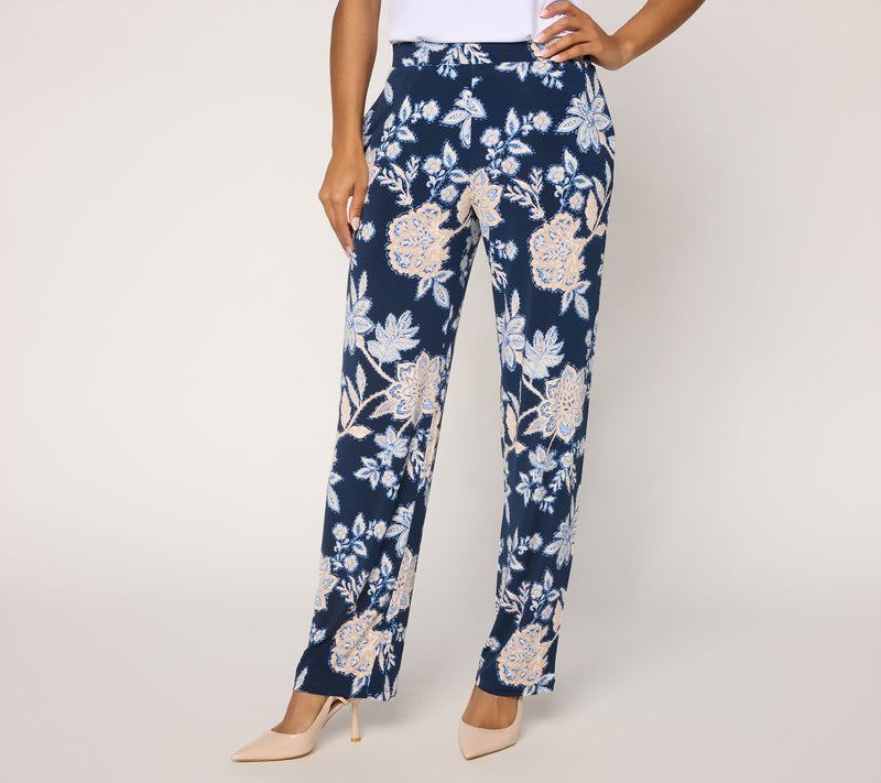 Susan Graver Petite Printed Liquid Knit Straight Leg Pants — Main view