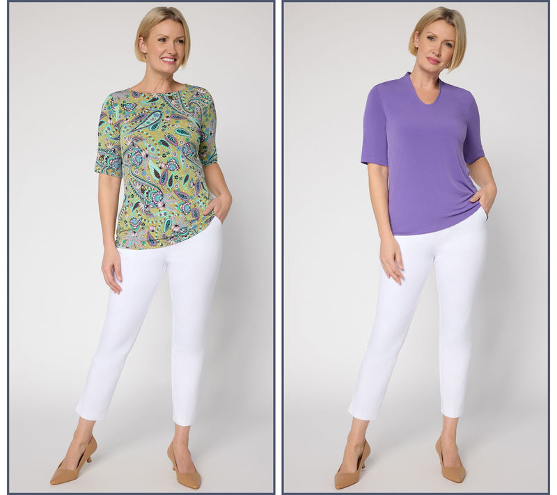 Susan Graver Petite Set of 2 Print & Solid Liquid Knit Tops — View 13