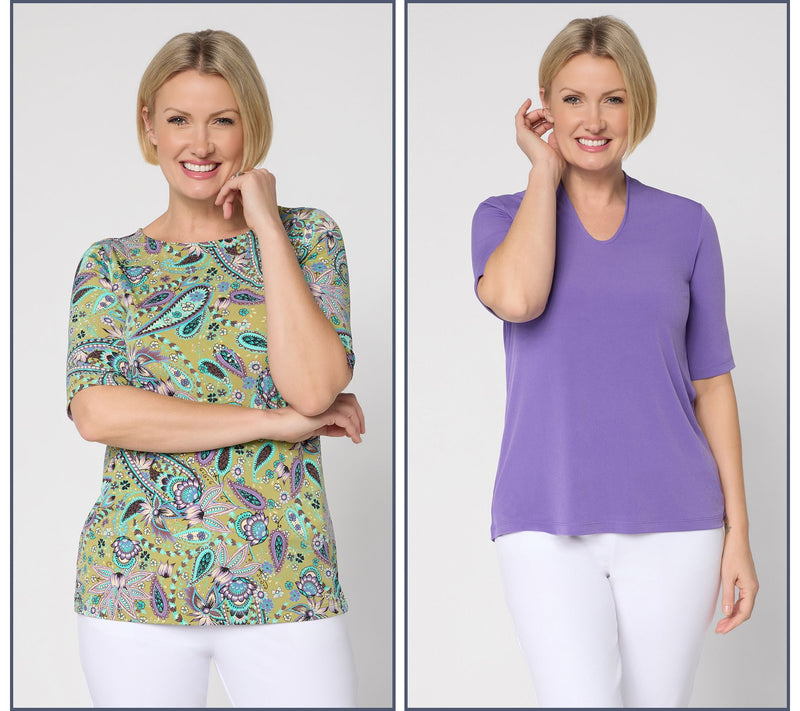 Susan Graver Petite Set of 2 Print & Solid Liquid Knit Tops — View 3