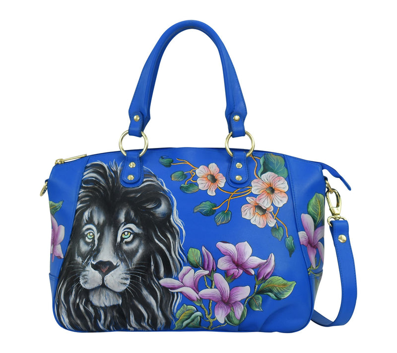 Anuschka Large Painted Lion Le ather Satchel w / Crossbody Str — View 5