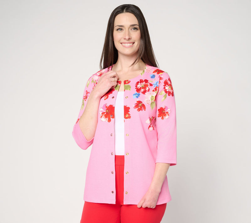 Quacker Factory Floret Printed 3/4 Sleeve Cardigan — Main view