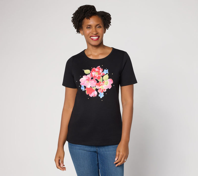 Quacker Factory Floret Printed Embellished Short Sleeve Top — View 10