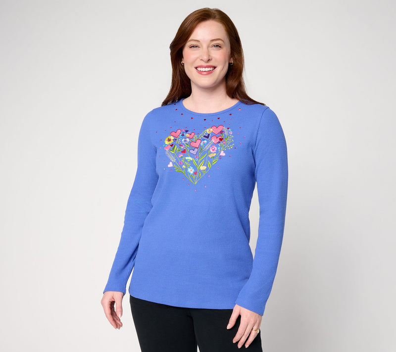 Quacker Factory Queen of Hearts Waffle Long Sleeve Top — Main view