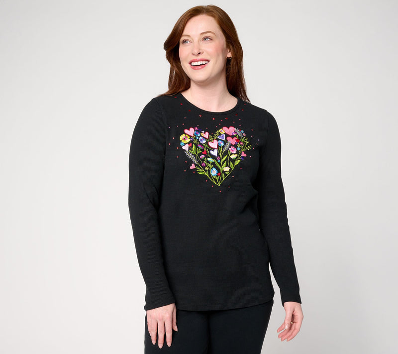 Quacker Factory Queen of Hearts Waffle Long Sleeve Top — View 10