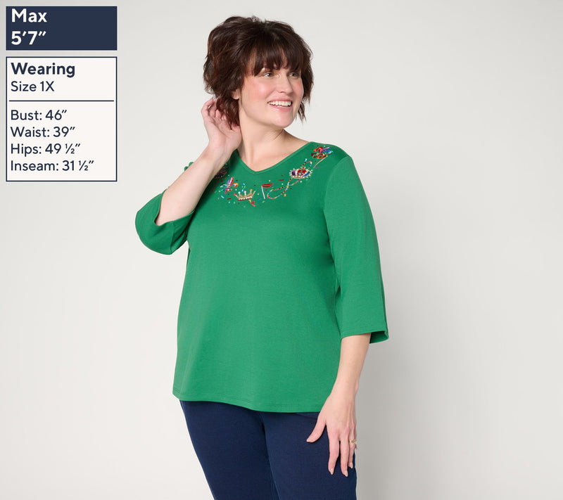 Quacker Factory Mardi Gras Sparkle V-Neck 3/4 Sleeve Top — View 2