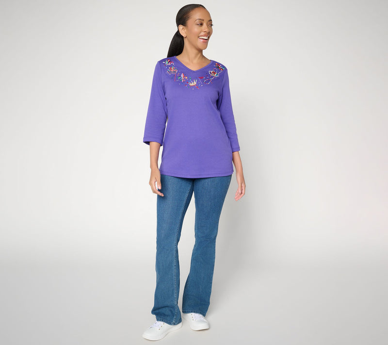 Quacker Factory Mardi Gras Sparkle V-Neck 3/4 Sleeve Top — View 4