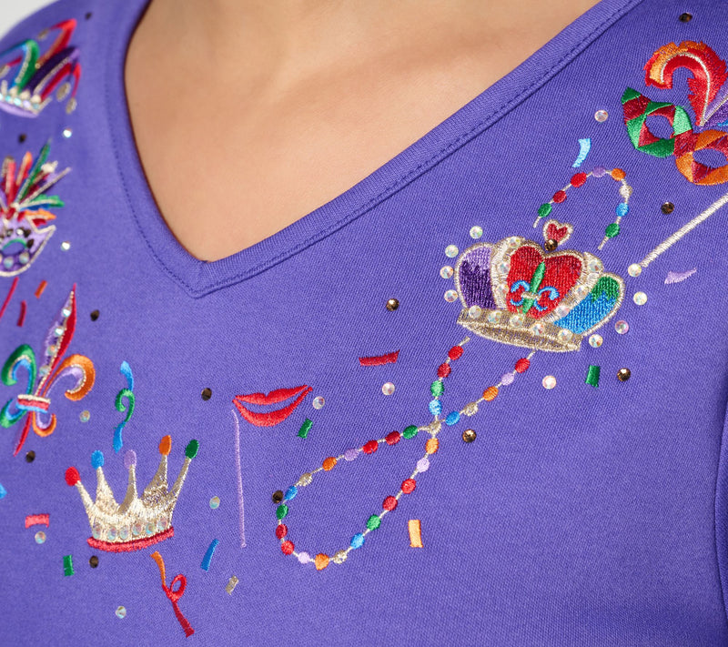 Quacker Factory Mardi Gras Sparkle V-Neck 3/4 Sleeve Top — View 5