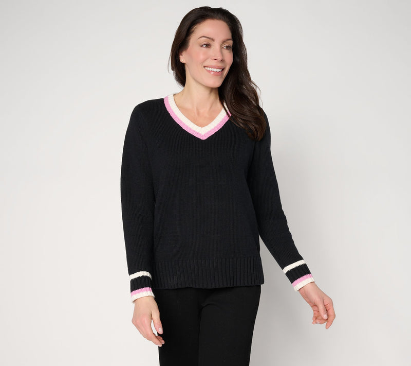 Peace Love World V-Neck Tipped Pullover Sweater — View 11