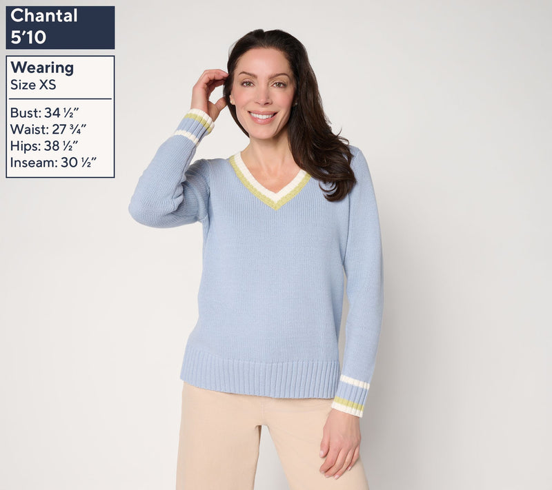 Peace Love World V-Neck Tipped Pullover Sweater — View 3