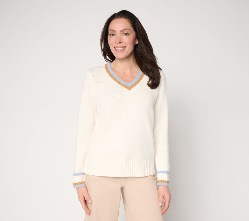 Peace Love World V-Neck Tipped Pullover Sweater — View 13