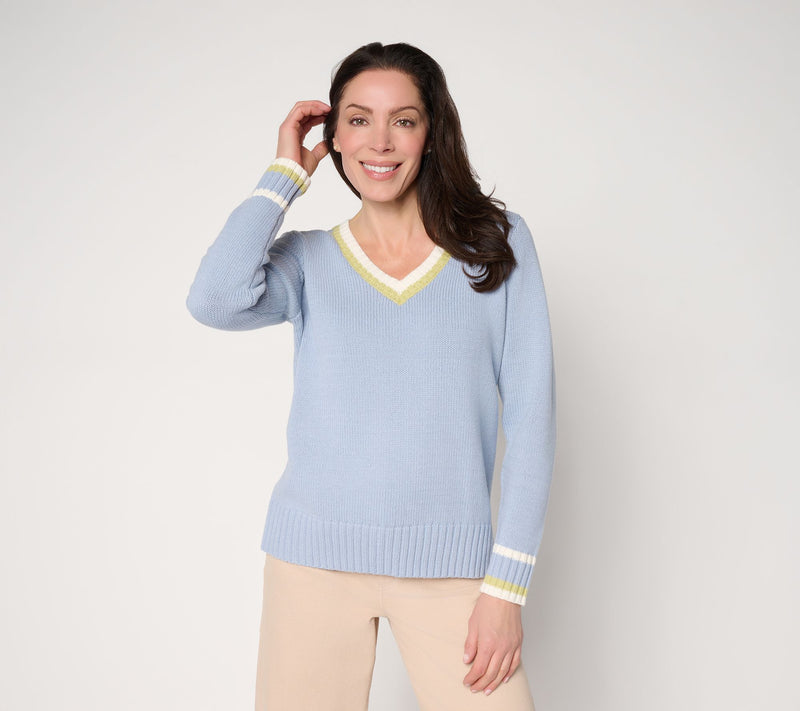 Peace Love World V-Neck Tipped Pullover Sweater — View 14