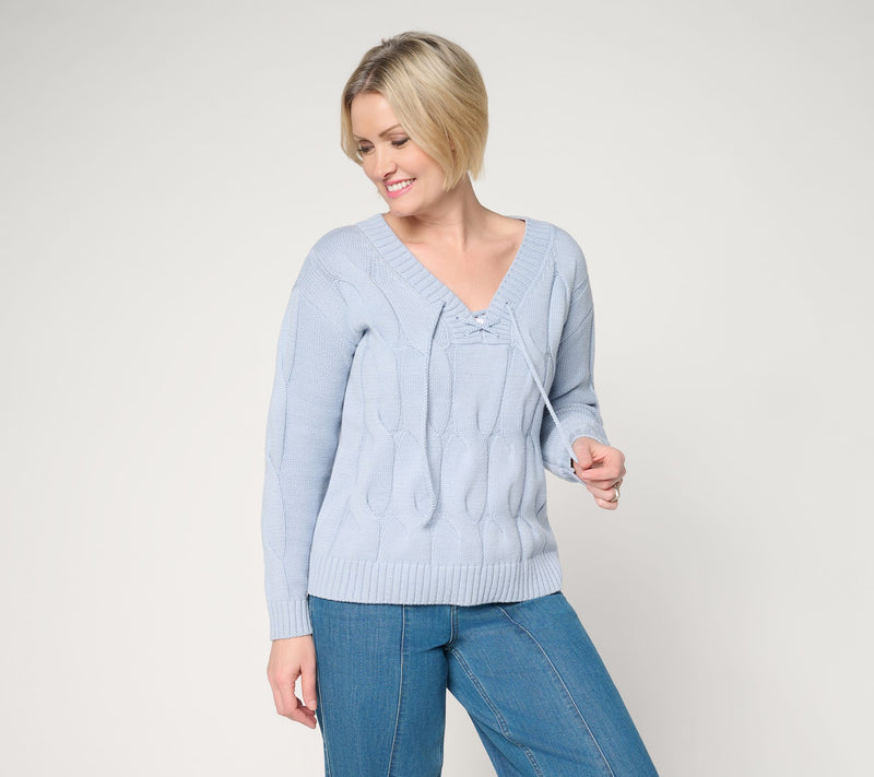 Peace Love World V-Neck Lace Up Cable Sweater — Main view