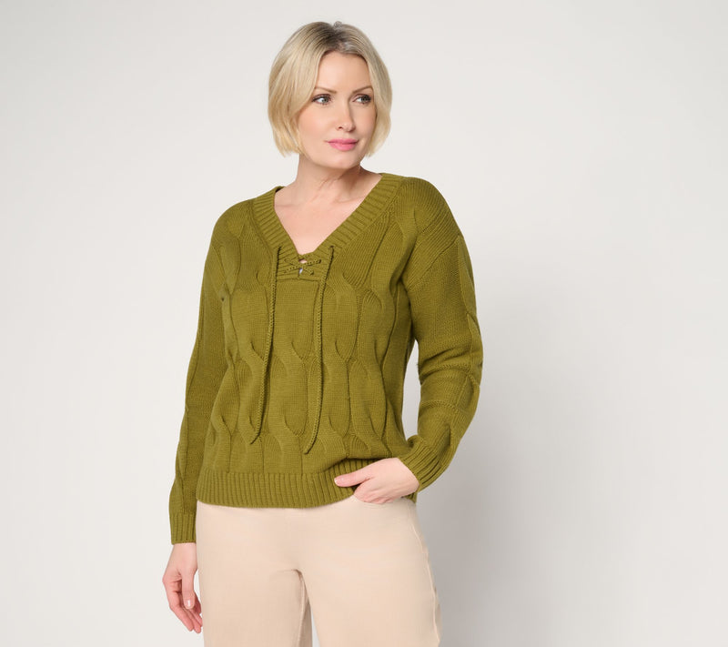 Peace Love World V-Neck Lace Up Cable Sweater — View 11