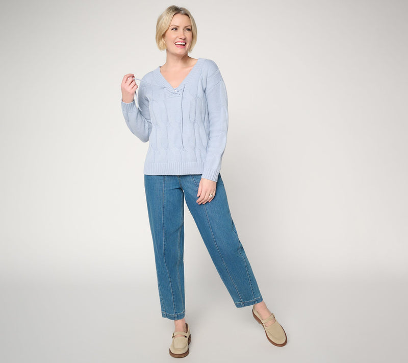 Peace Love World V-Neck Lace Up Cable Sweater — View 5