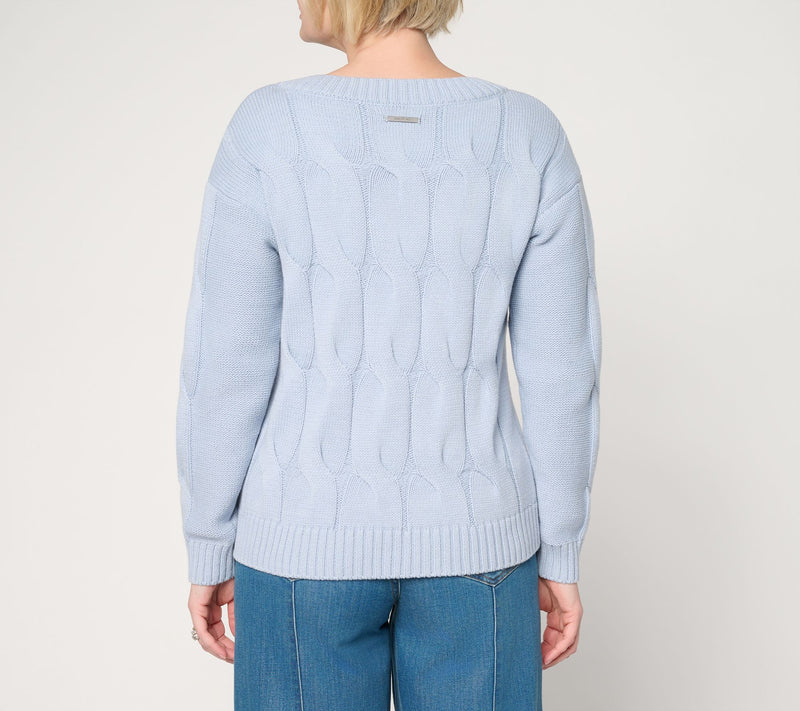 Peace Love World V-Neck Lace Up Cable Sweater — View 4