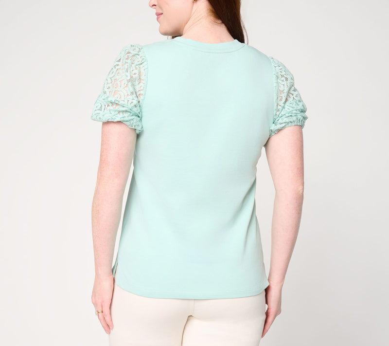BEAUTIFUL by Lawrence Zarian Crew Neck Elbow Lace Sleeve Top — View 4