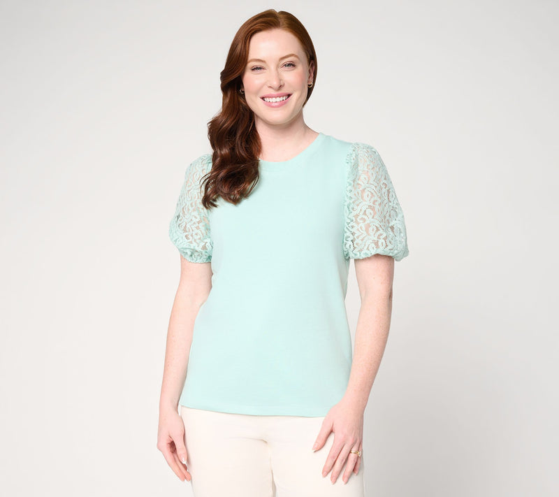 BEAUTIFUL by Lawrence Zarian Crew Neck Elbow Lace Sleeve Top — Main view