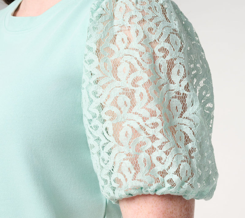 BEAUTIFUL by Lawrence Zarian Crew Neck Elbow Lace Sleeve Top — View 6