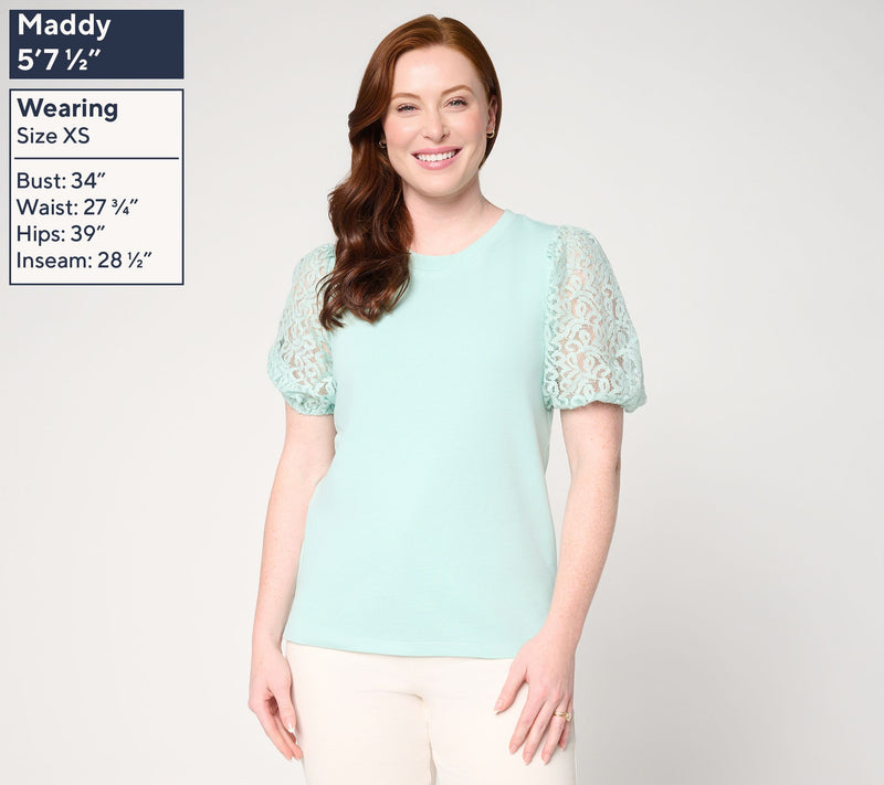 BEAUTIFUL by Lawrence Zarian Crew Neck Elbow Lace Sleeve Top — View 3