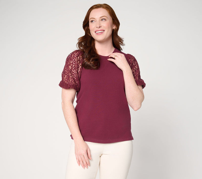BEAUTIFUL by Lawrence Zarian Crew Neck Elbow Lace Sleeve Top — View 14