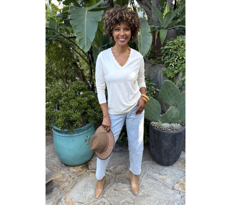 BEAUTIFUL by Lawrence Zarian Classic Knit V-Neck Top with Scallop Detail — View 15