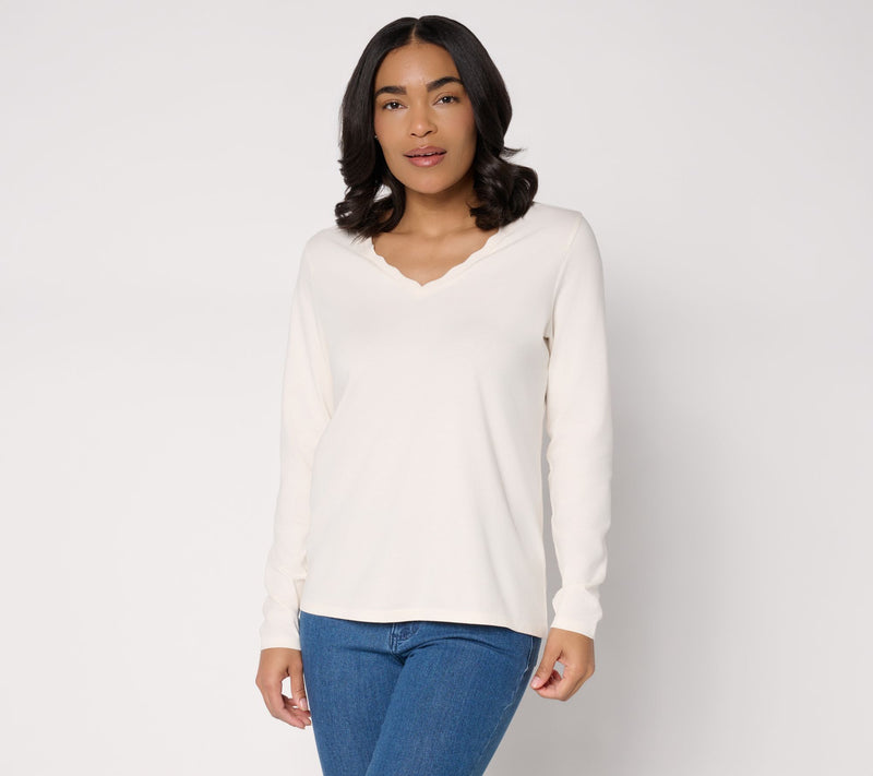 BEAUTIFUL by Lawrence Zarian Classic Knit V-Neck Top with Scallop Detail — View 9