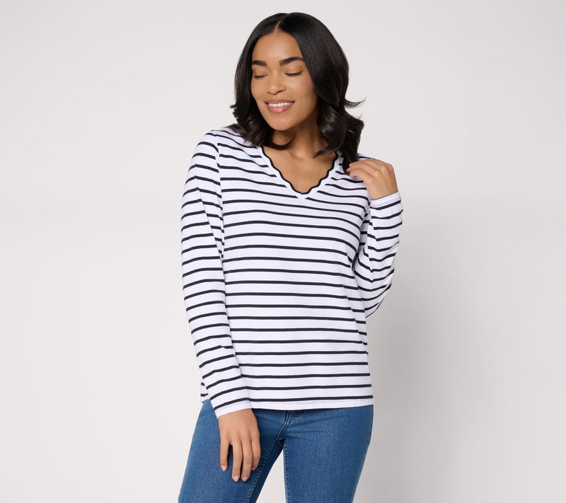 BEAUTIFUL by Lawrence Zarian Classic Knit V-Neck Top with Scallop Detail — View 3