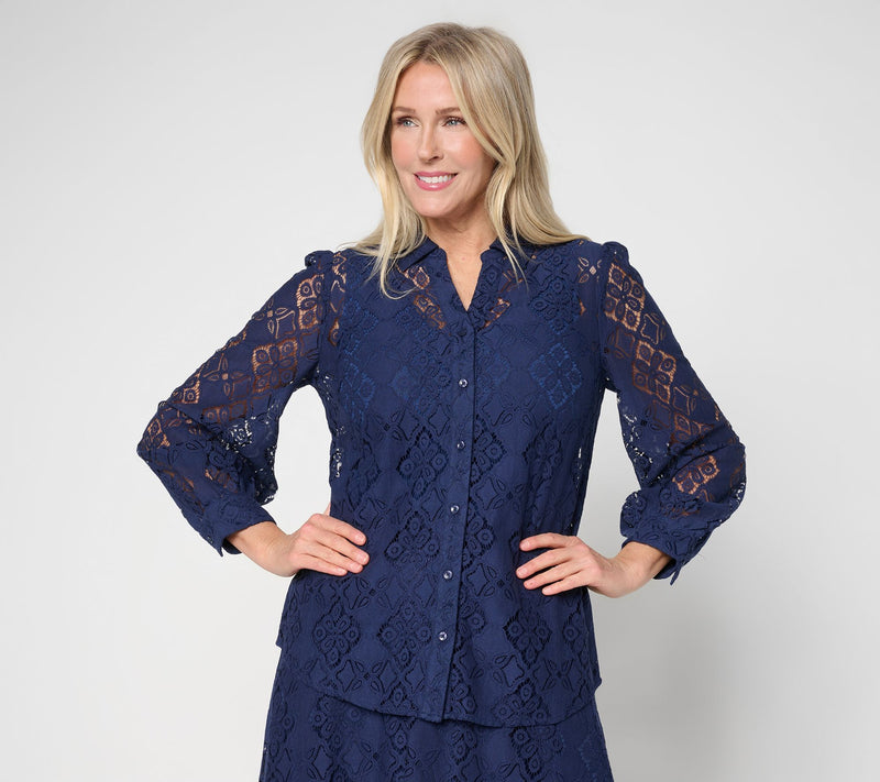 BEAUTIFUL by Lawrence Zarian Lace Split Neck Button Front Blouse — View 13