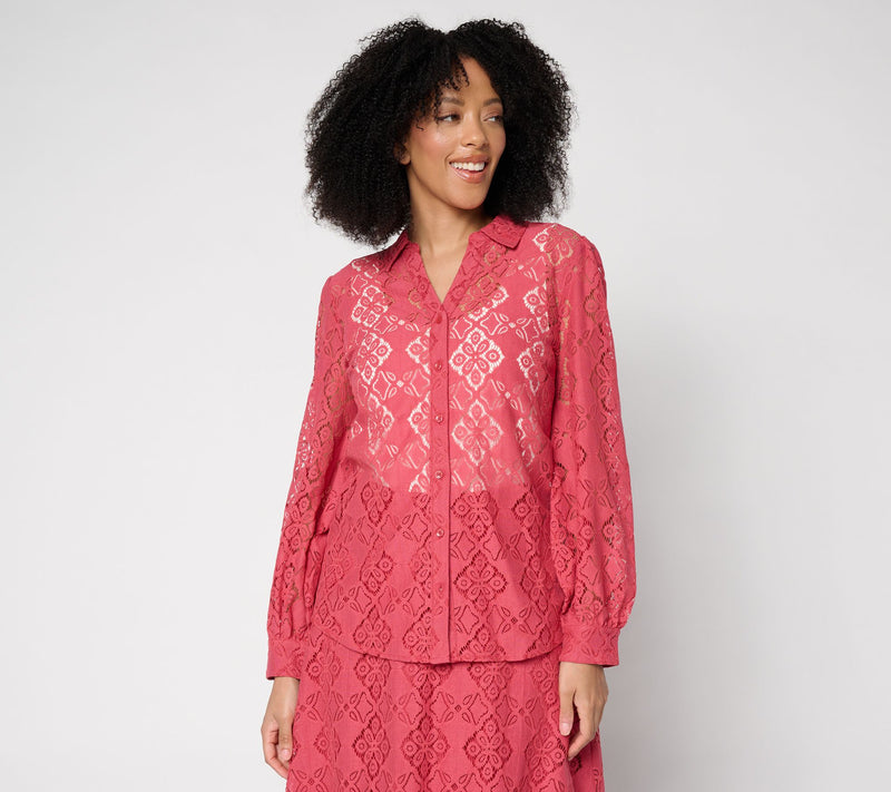 BEAUTIFUL by Lawrence Zarian Lace Split Neck Button Front Blouse — Main view