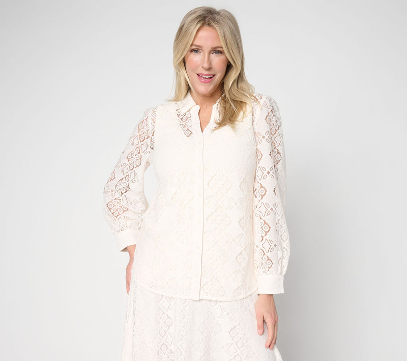 BEAUTIFUL by Lawrence Zarian Lace Split Neck Button Front Blouse — View 14