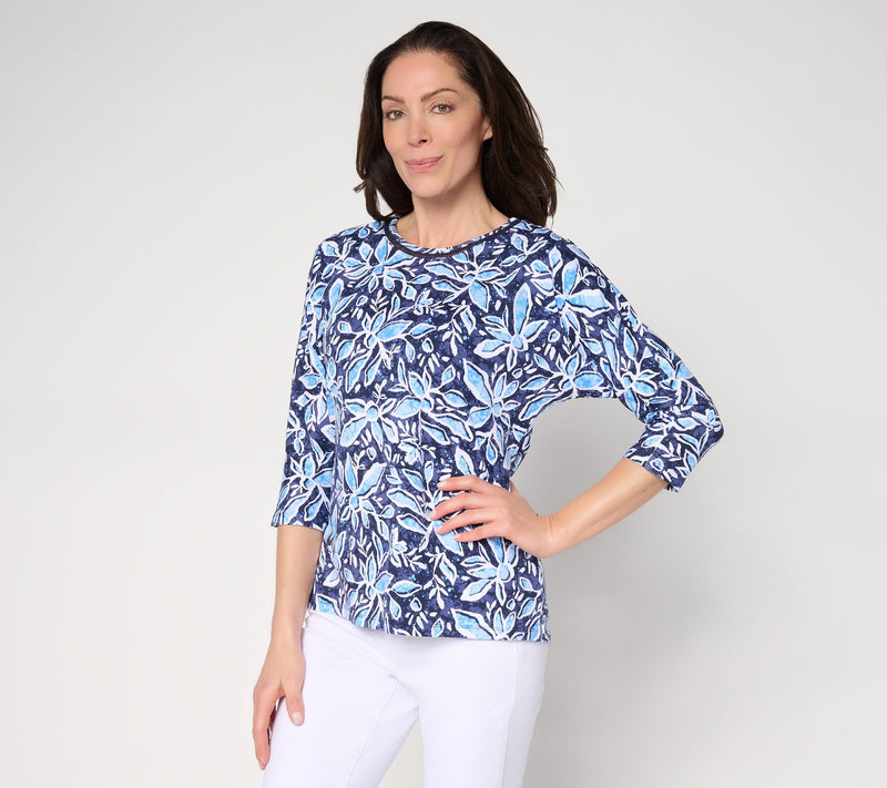 Denim & Co. Beach Floral Printed Beach Jersey 3/4 Sleeve Top — View 11