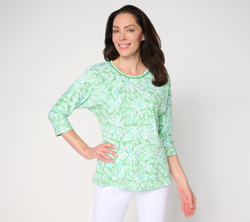 Denim & Co. Beach Floral Printed Beach Jersey 3/4 Sleeve Top — View 12