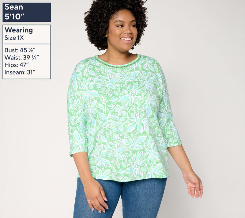 Denim & Co. Beach Floral Printed Beach Jersey 3/4 Sleeve Top — View 2
