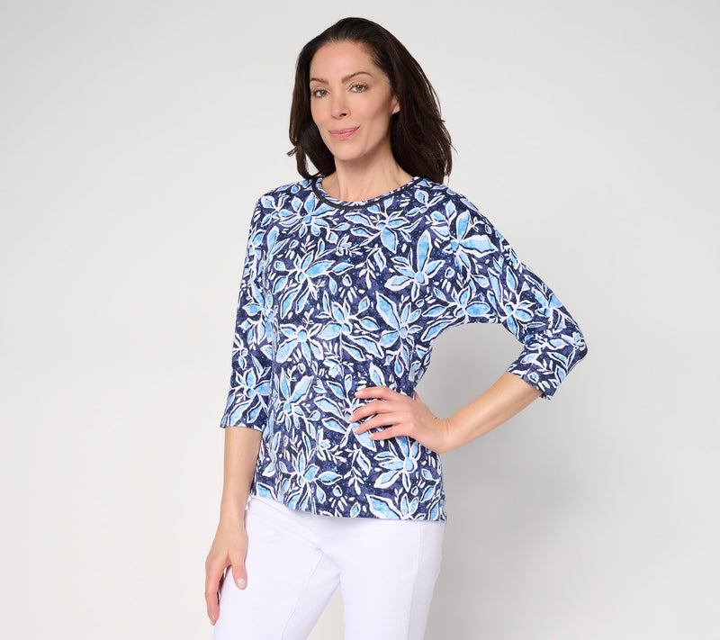 Denim & Co. Beach Floral Printed Beach Jersey 3/4 Sleeve Top — Main view