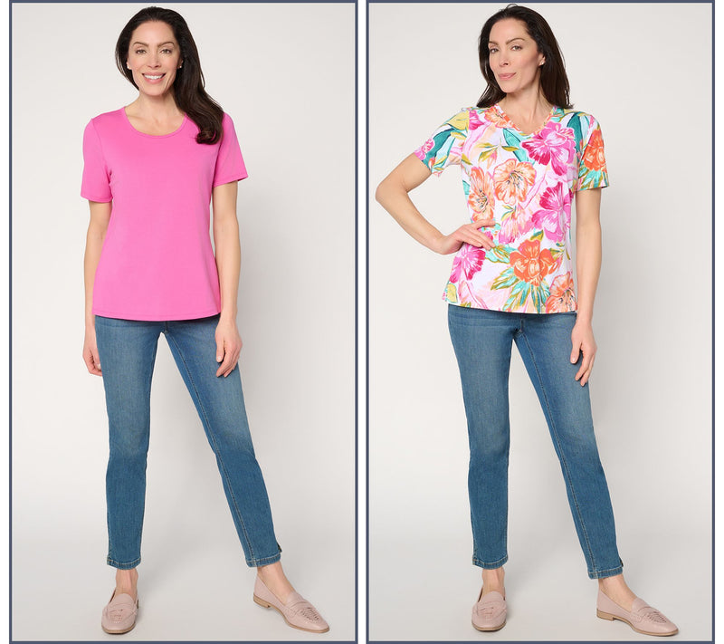 Denim & Co. Beach Jersey 2-Pack Solid & Printed Short Sleeve Tops — View 5