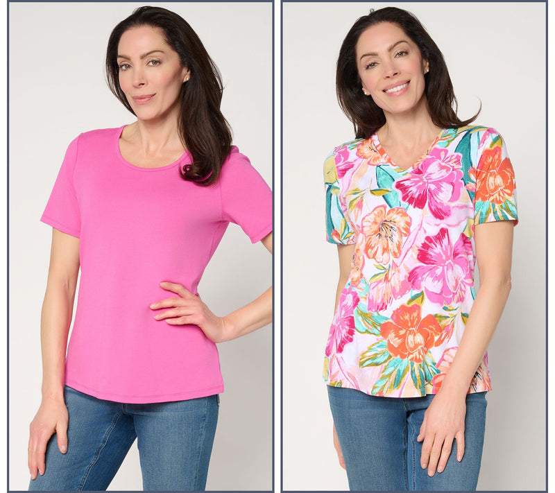 Denim & Co. Beach Jersey 2-Pack Solid & Printed Short Sleeve Tops — Main view