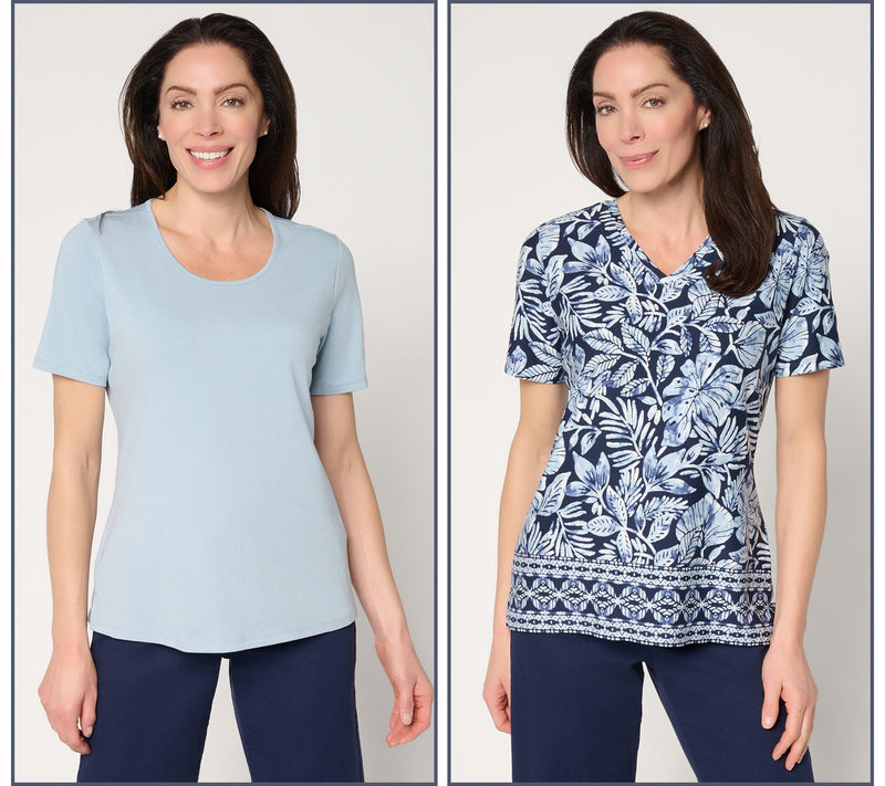 Denim & Co. Beach Jersey 2-Pack Solid & Printed Short Sleeve Tops — View 13