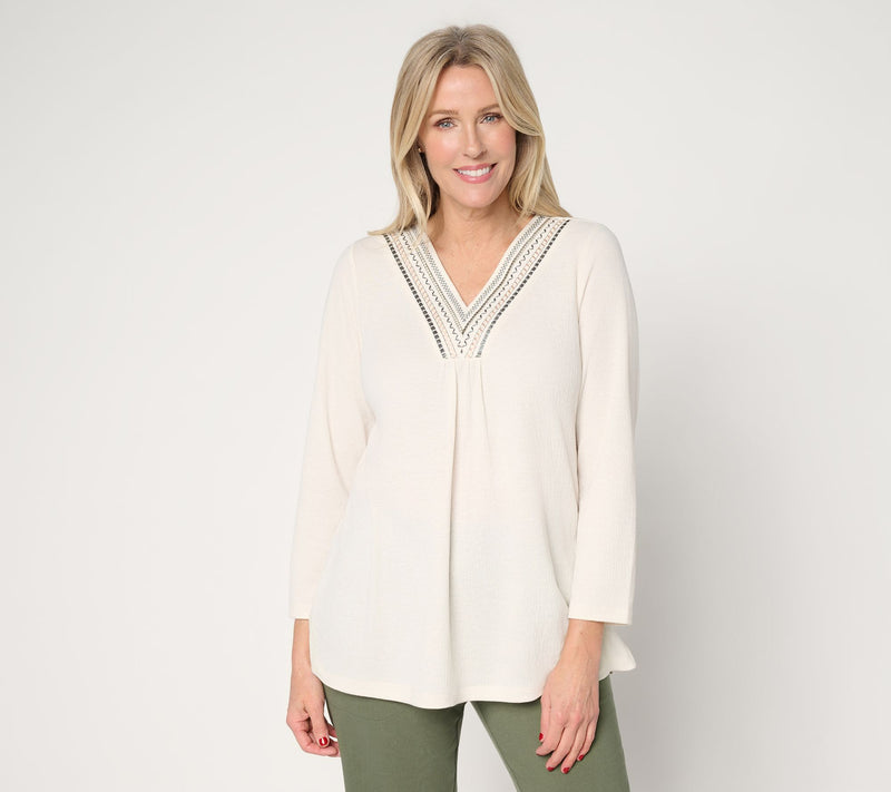 Denim & Co. Beach Regular Knit Gauze Embroidered V-Neck Tunic — View 12