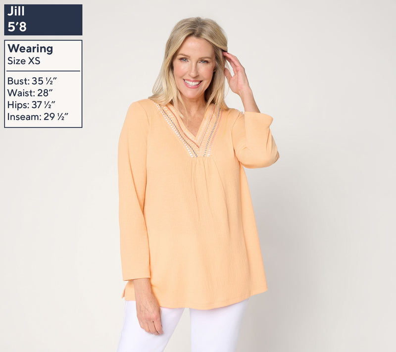 Denim & Co. Beach Regular Knit Gauze Embroidered V-Neck Tunic — View 3