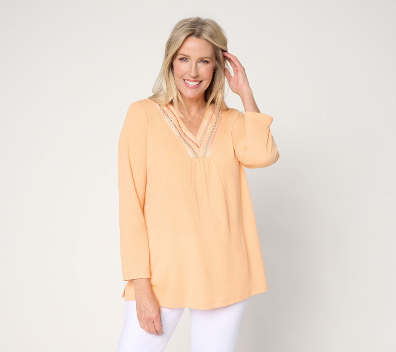 Denim & Co. Beach Regular Knit Gauze Embroidered V-Neck Tunic — View 14