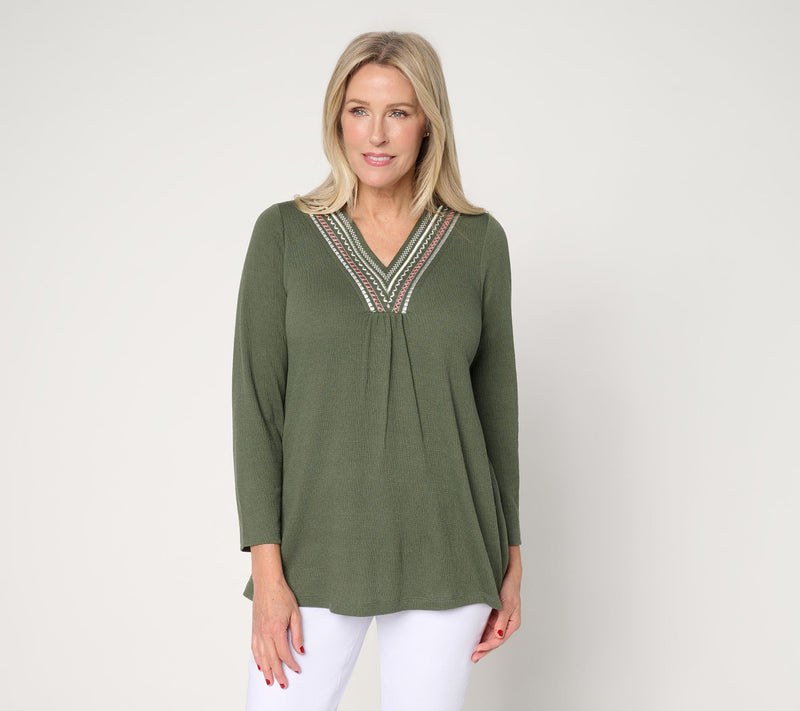 Denim & Co. Beach Petite Knit Gauze Embroidered V-Neck Tunic — View 13
