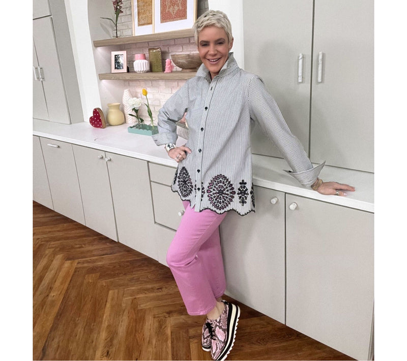 Joan Rivers Reg Eyelet Border Button Down Modern Fit Tunic — View 19