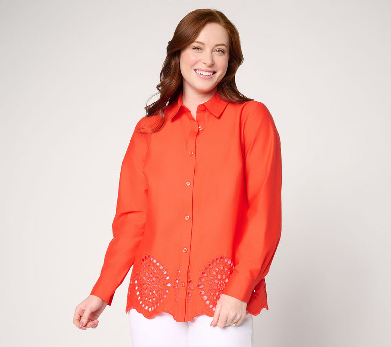 Joan Rivers Reg Eyelet Border Button Down Modern Fit Tunic — View 9