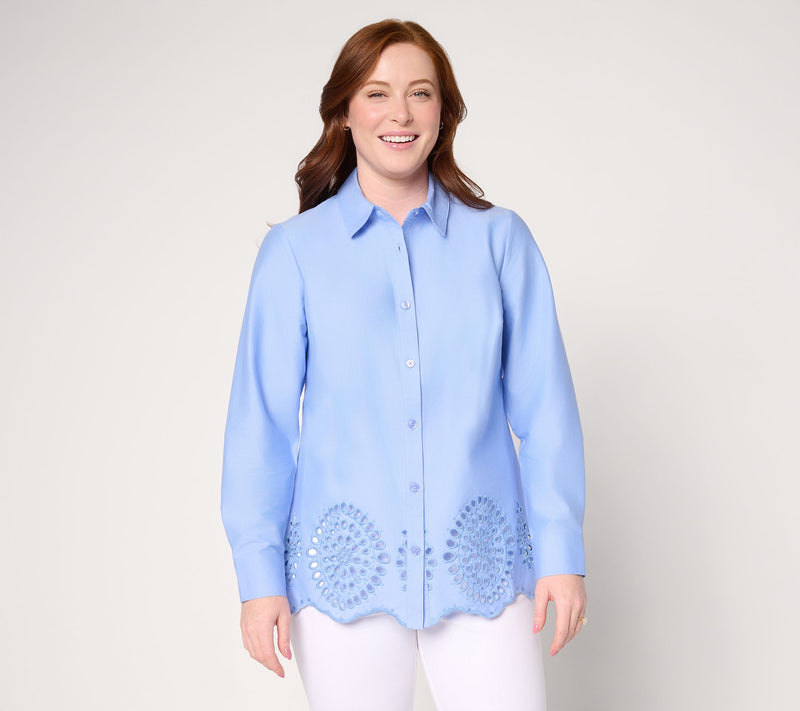 Joan Rivers Pet Eyelet Border Button Down Modern Fit Tunic — View 7