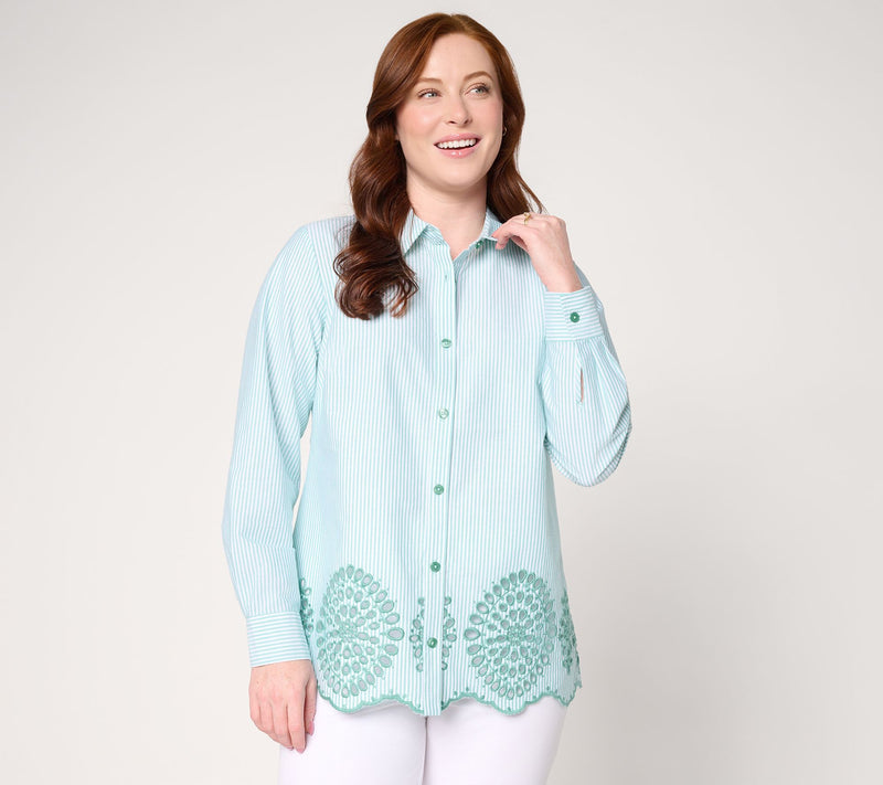 Joan Rivers Pet Eyelet Border Button Down Modern Fit Tunic — View 11