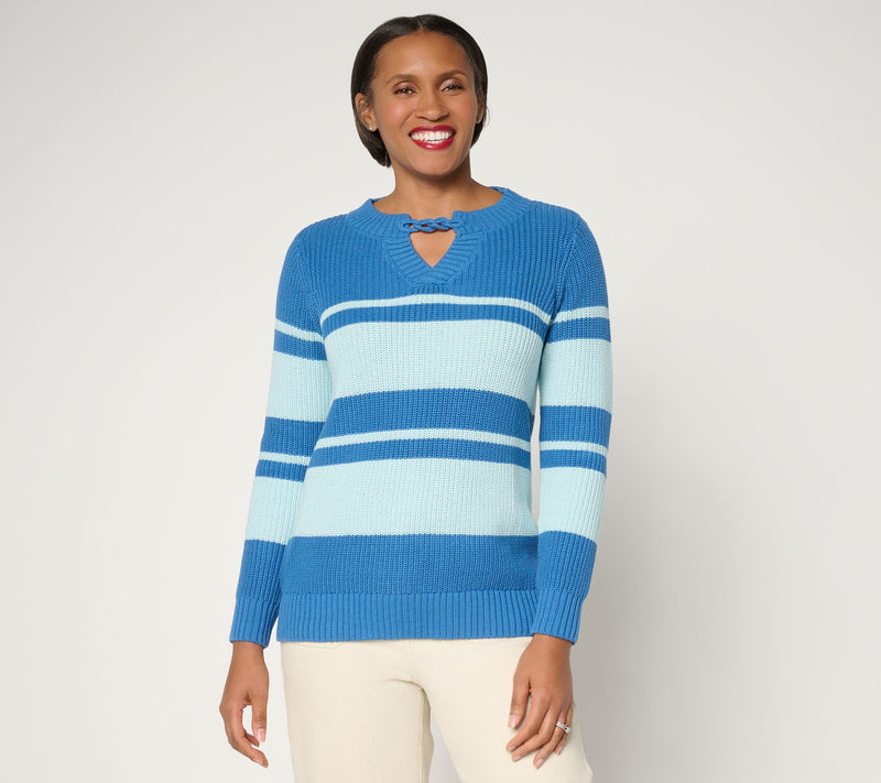 Joan Rivers Split-Neck with Cable Chain Striped Sweater — Main view